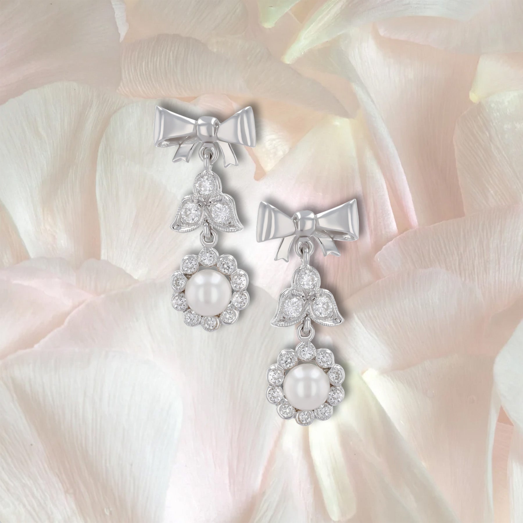 18ct White Gold Pearl & Diamond Bow Drop Earrings