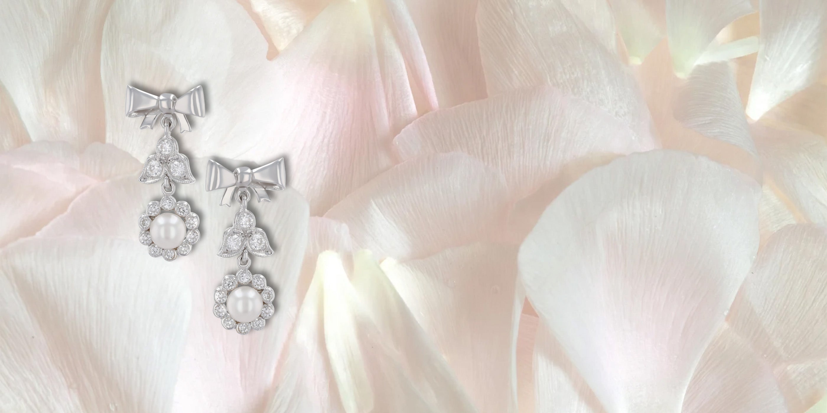 18ct White Gold Pearl & Diamond Bow Drop Earrings