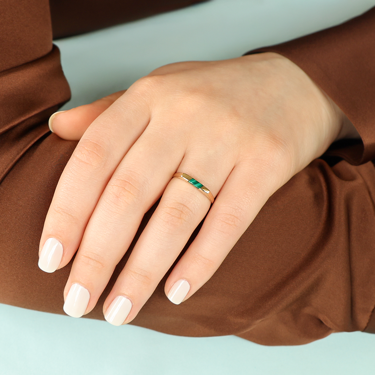 Model wears 9ct Yellow Gold Malachite Horizontal Rectangle Signet Ring