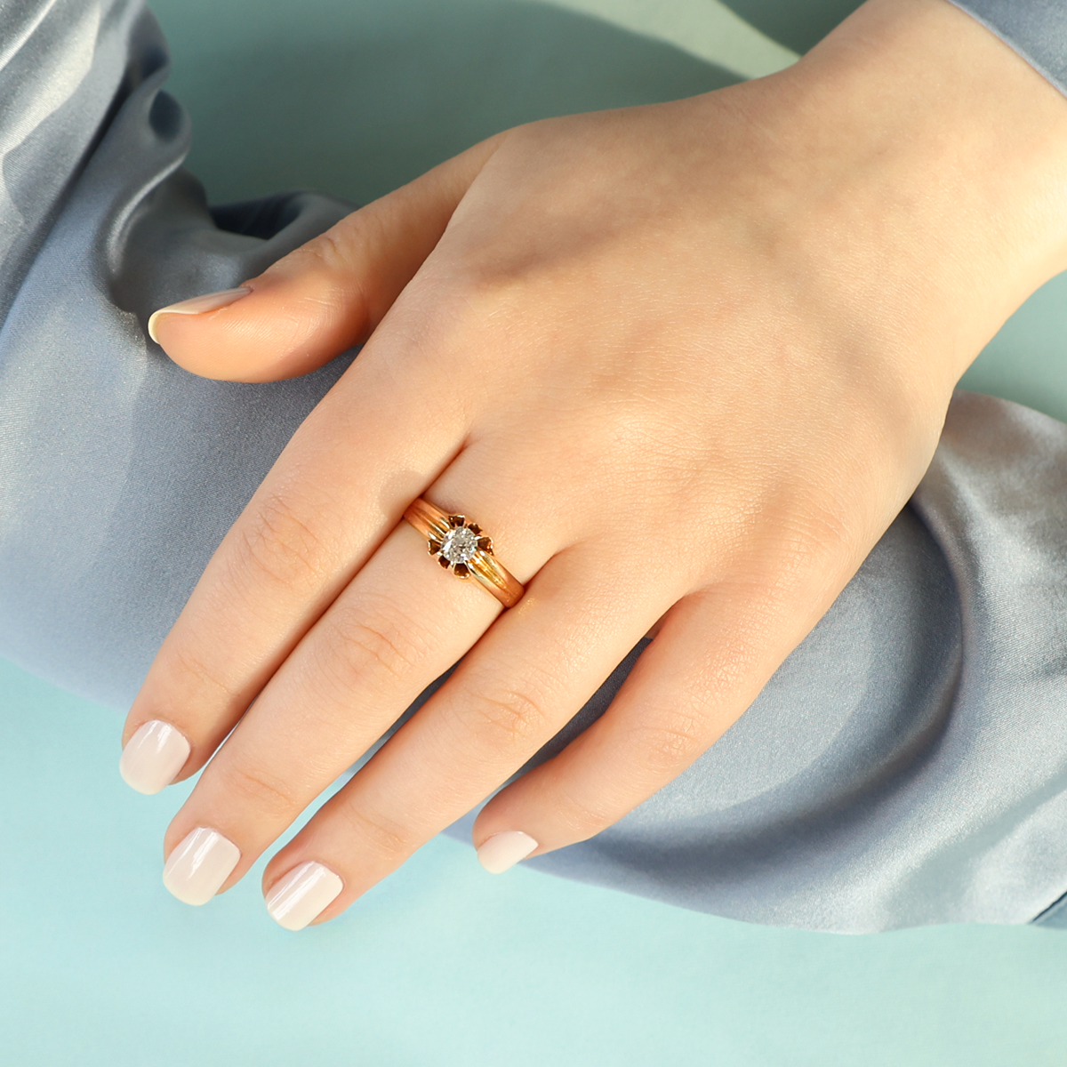 Model wears 18ct Yellow Gold Old Cut Diamond Set Gypsy Ring