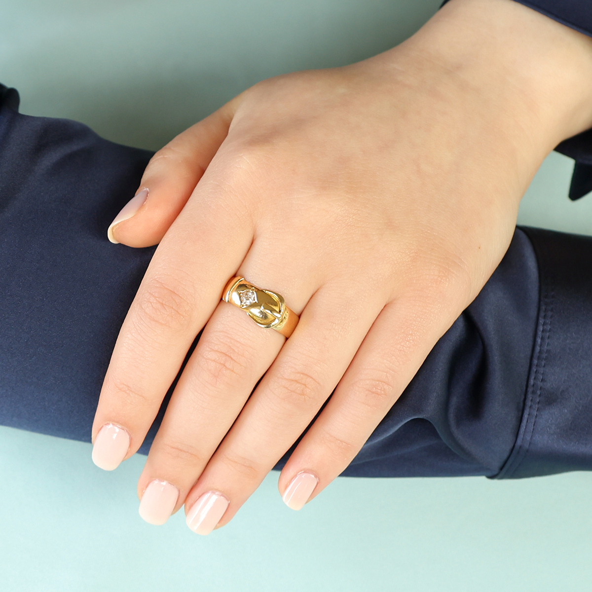 Model wears 18ct Yellow Gold Old Mine Cut Diamond Set Victorian Buckle Ring