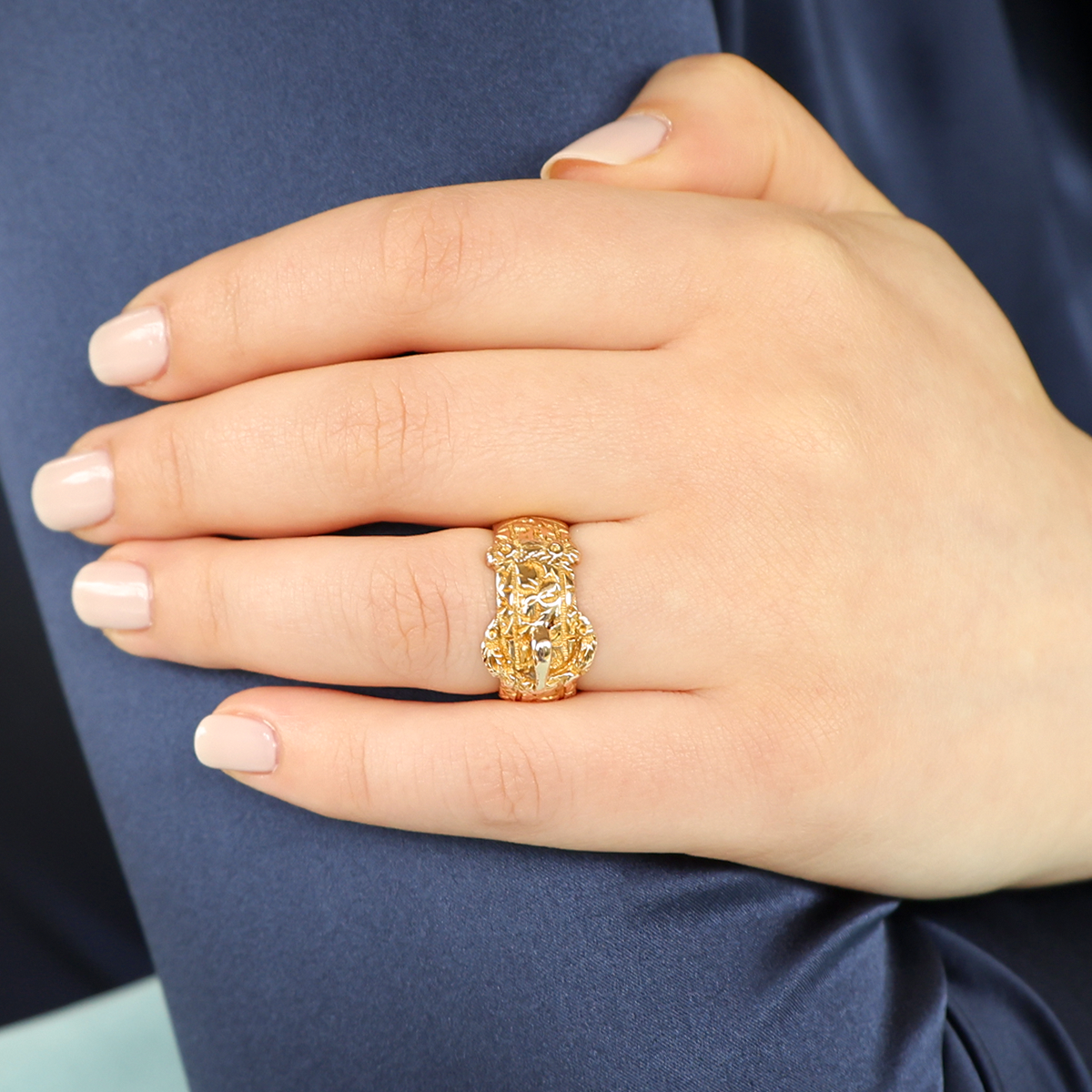 Model wears 18ct Yellow Gold Chased Edwardian Buckle Ring