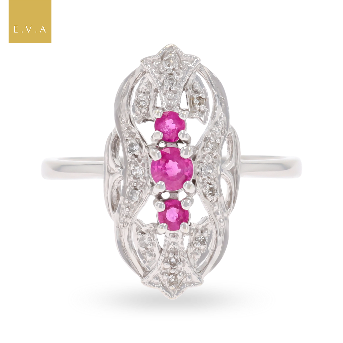 14ct White Gold Ruby & Diamond Navette Ring