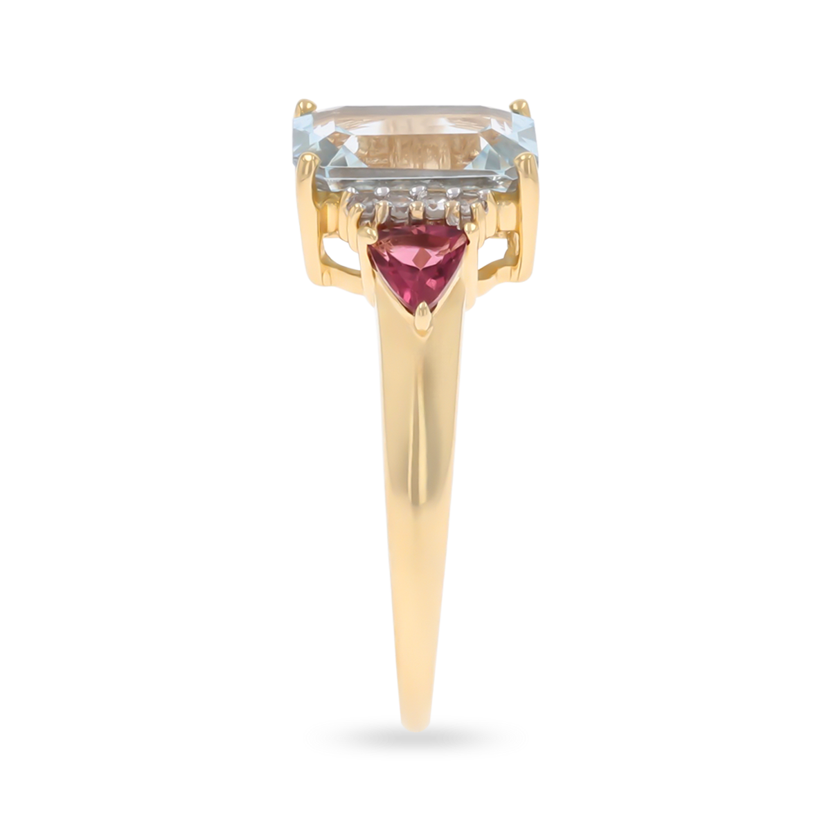 14ct Yellow Gold Emerald Cut Aquamarine, Pink Tourmaline & Diamond Shoulders Ring