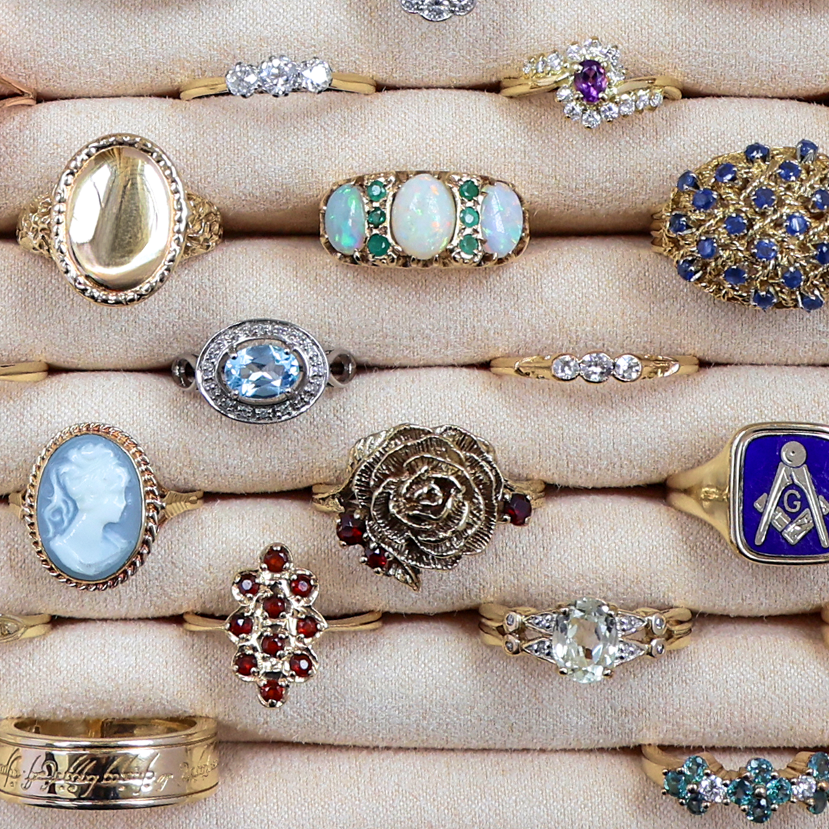 A selection of estate, vintage and antique gemstone rings crafted from gold.
