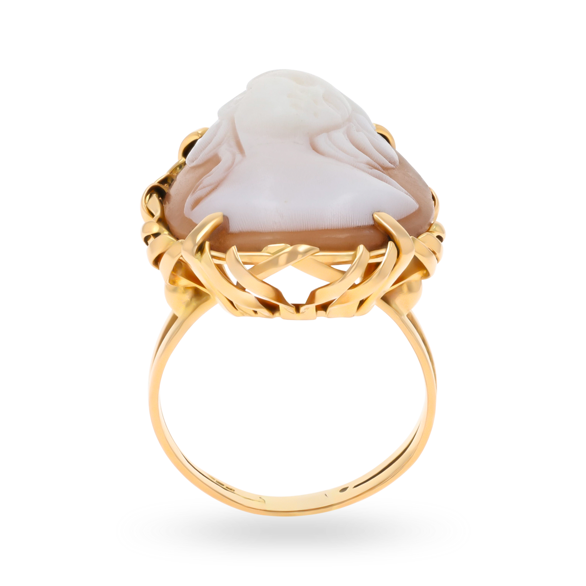 Un-hallmarked 18ct Yellow Gold Oval Shaped Shell Cameo Ribbon Cage Ring