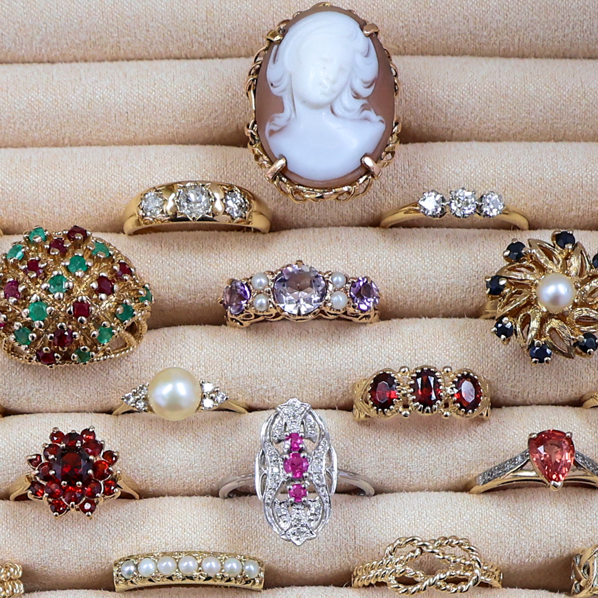 A selection on antique, vintage and estate precious gemstone set rings. 