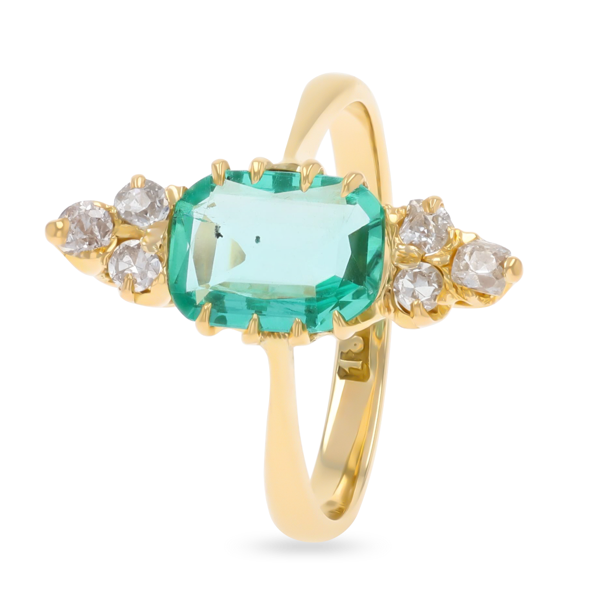Un-hallmarked 18ct Yellow Gold Emerald & Old Cut Diamond Navette Ring