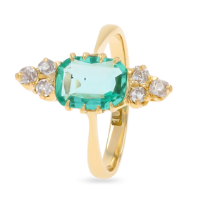 Un-hallmarked 18ct Yellow Gold Emerald & Old Cut Diamond Navette Ring