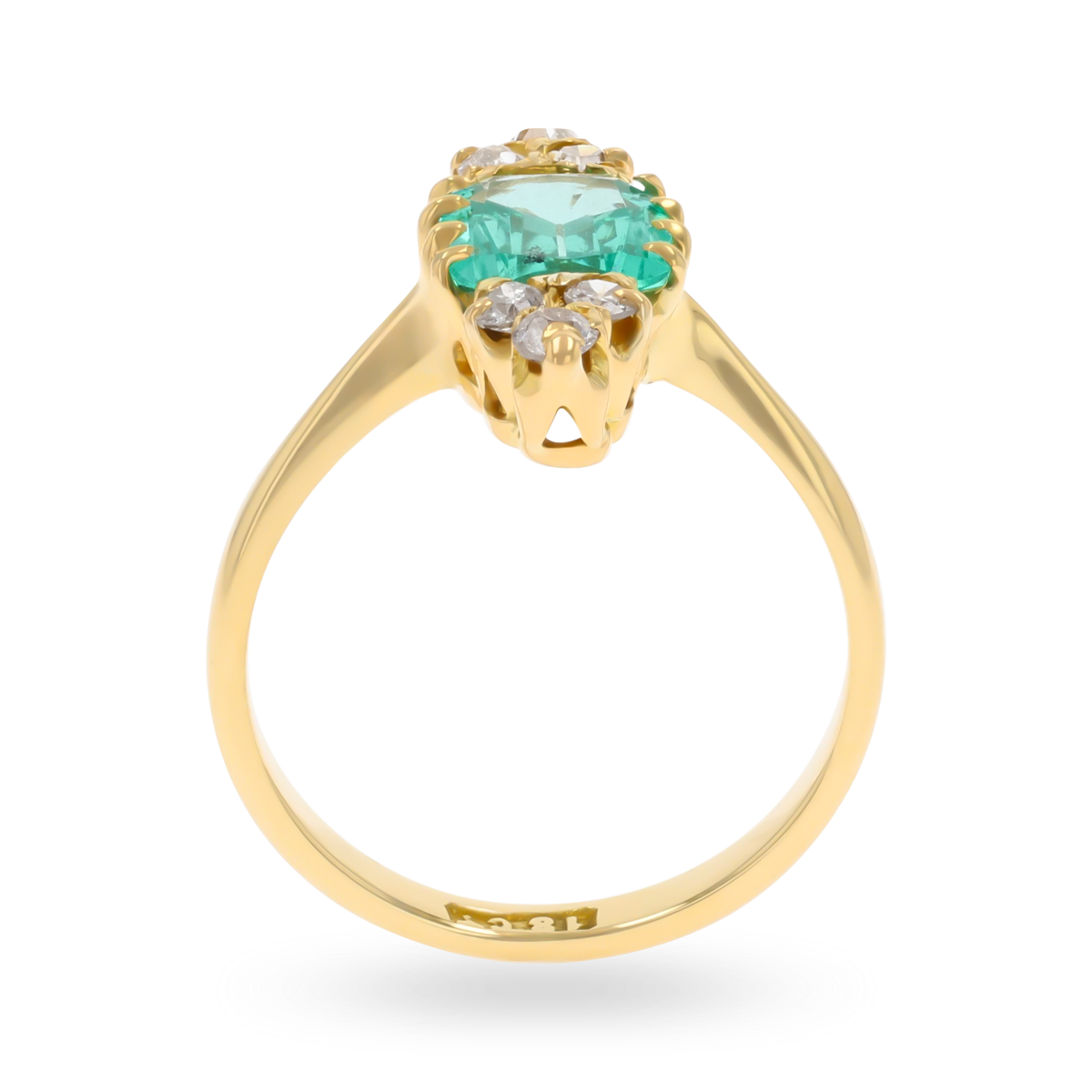 Un-hallmarked 18ct Yellow Gold Emerald & Old Cut Diamond Navette Ring