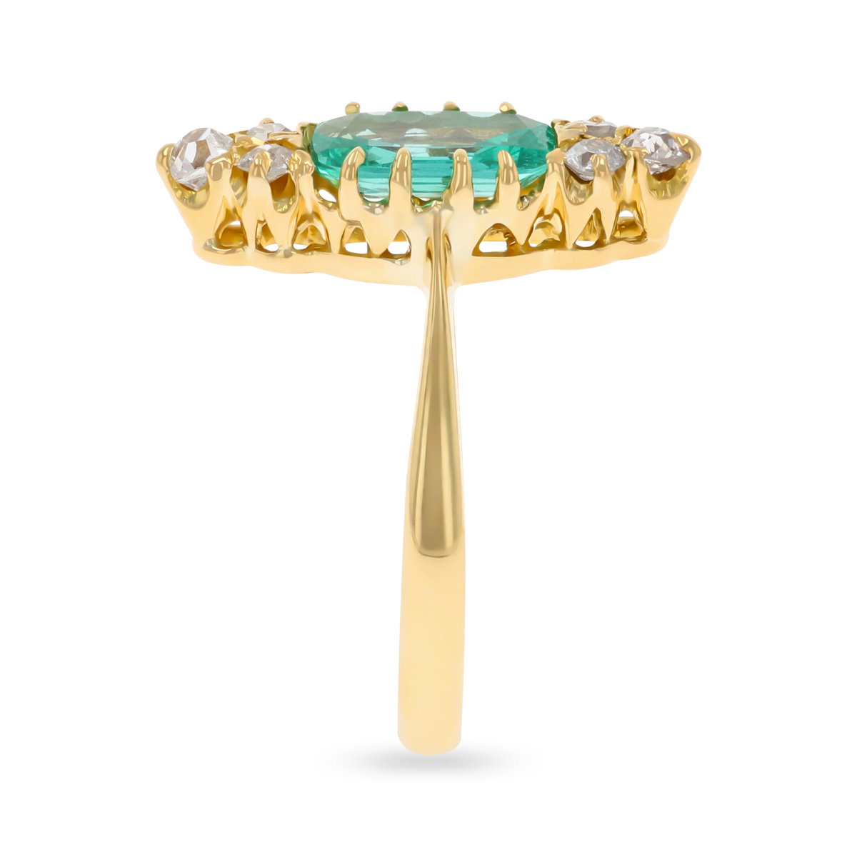 Un-hallmarked 18ct Yellow Gold Emerald & Old Cut Diamond Navette Ring