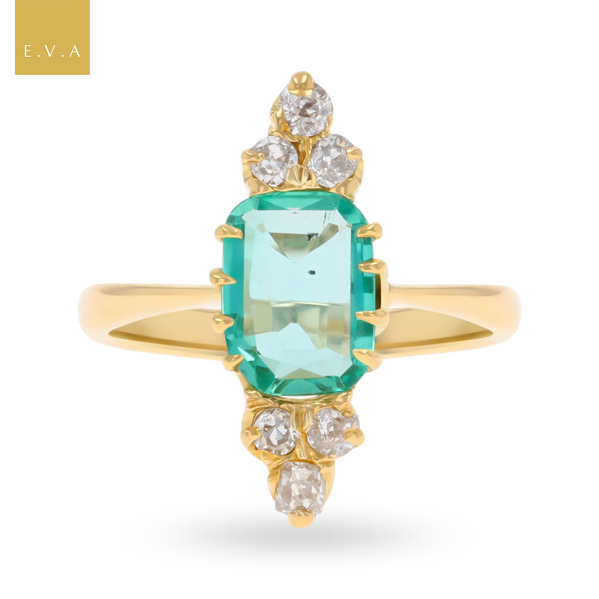 Un-hallmarked 18ct Yellow Gold Emerald & Old Cut Diamond Navette Ring