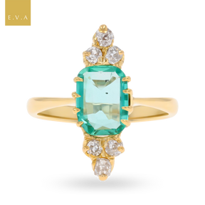 Un-hallmarked 18ct Yellow Gold Emerald & Old Cut Diamond Navette Ring