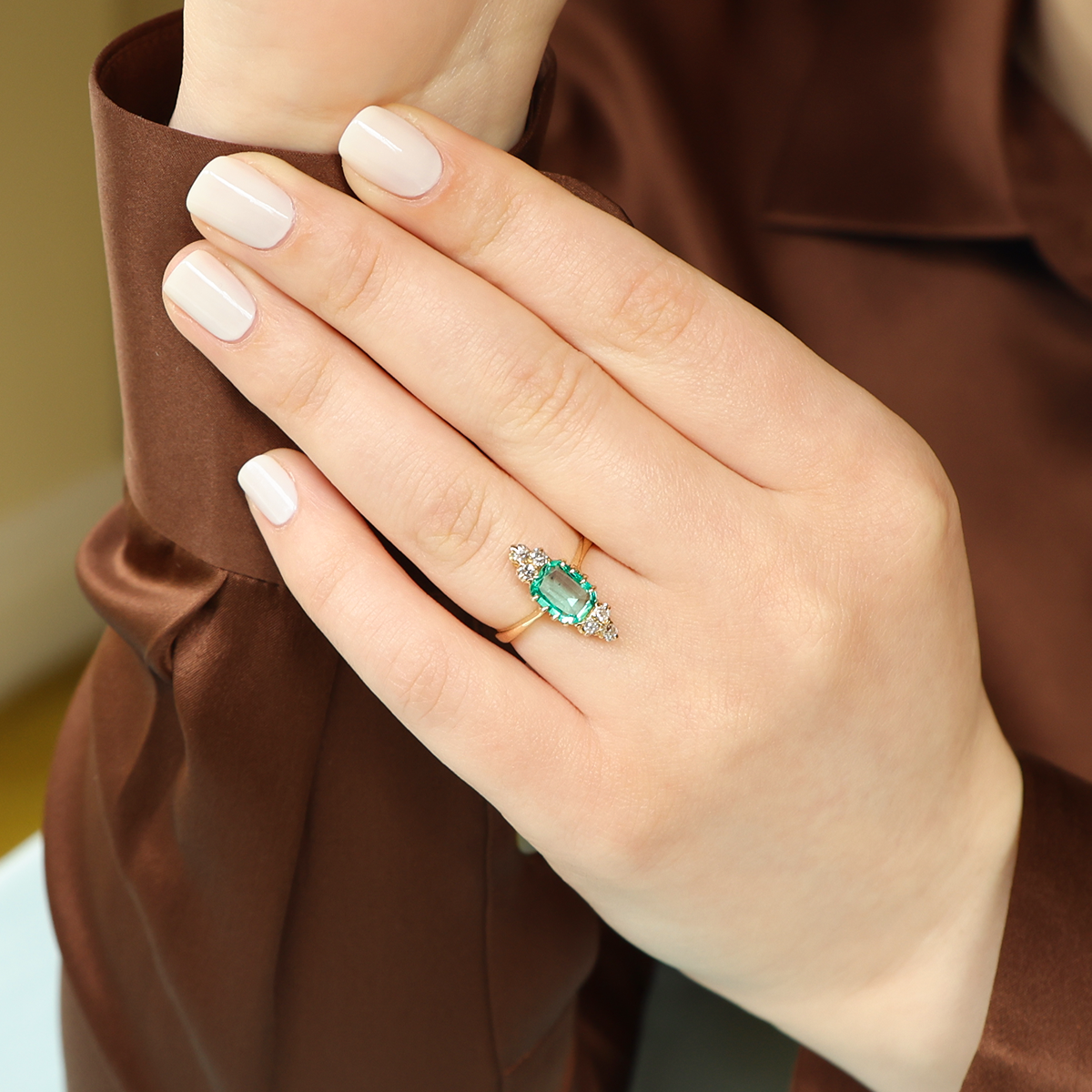 Model wears Un-hallmarked 18ct Yellow Gold Emerald & Old Cut Diamond Navette Ring