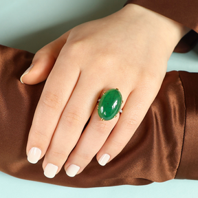 Model wears 18ct Yellow Gold & Platinum Hydrogrossular Garnet & Diamond Ring