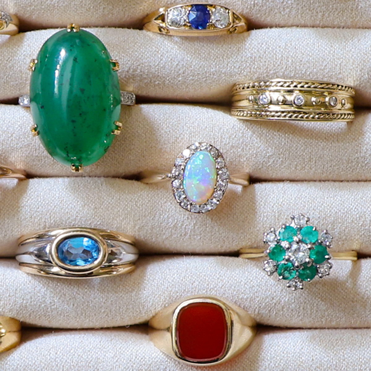 A selection of gemstone rings.
