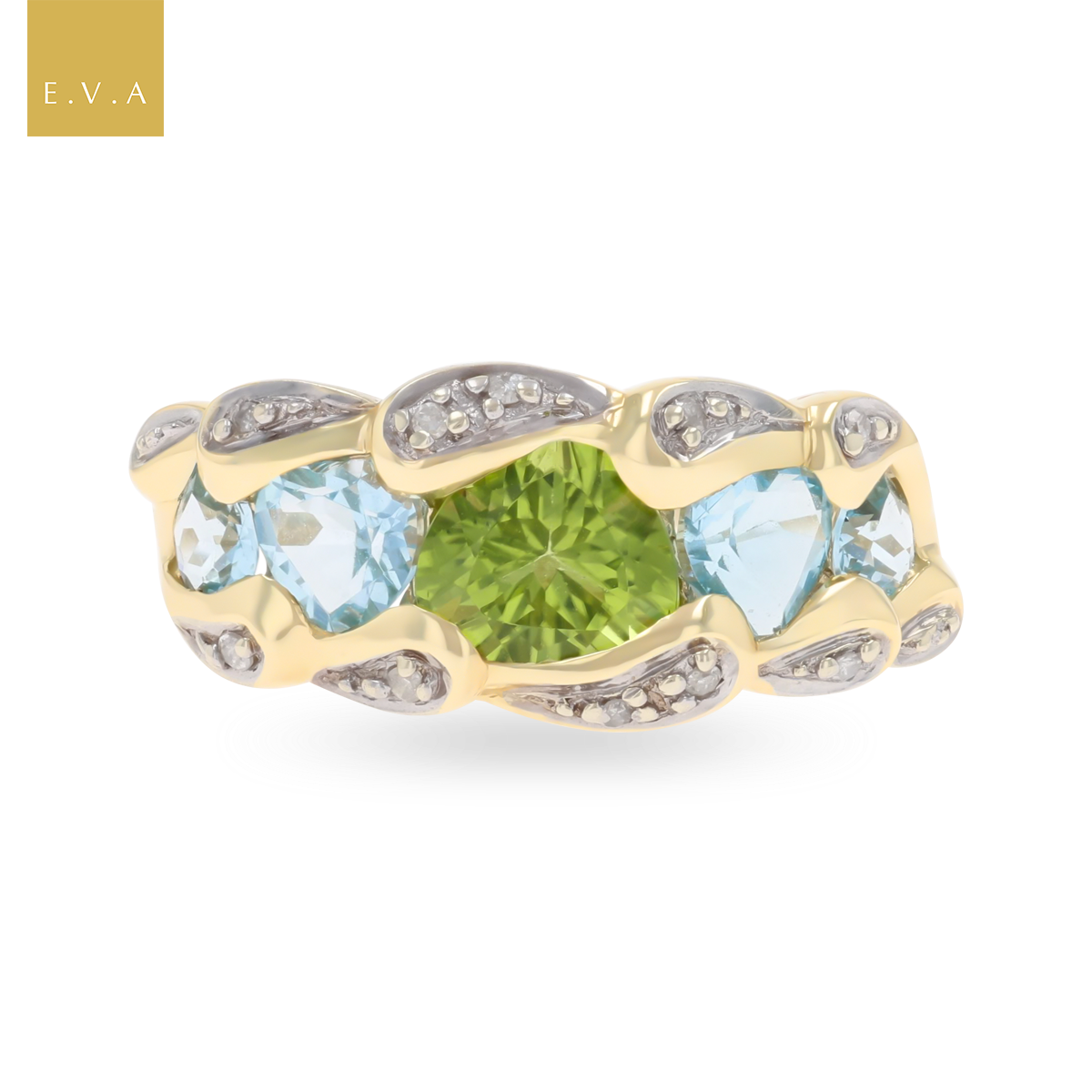 9ct Yellow Gold Peridot, Blue Topaz & Diamond Dress Ring