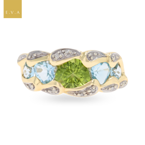 9ct Yellow Gold Peridot, Blue Topaz & Diamond Dress Ring