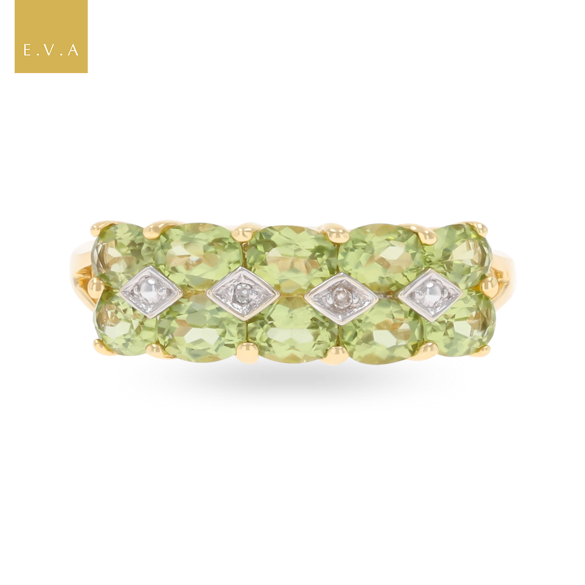 9ct Yellow Gold Two Row Peridot & Diamond Dress Ring