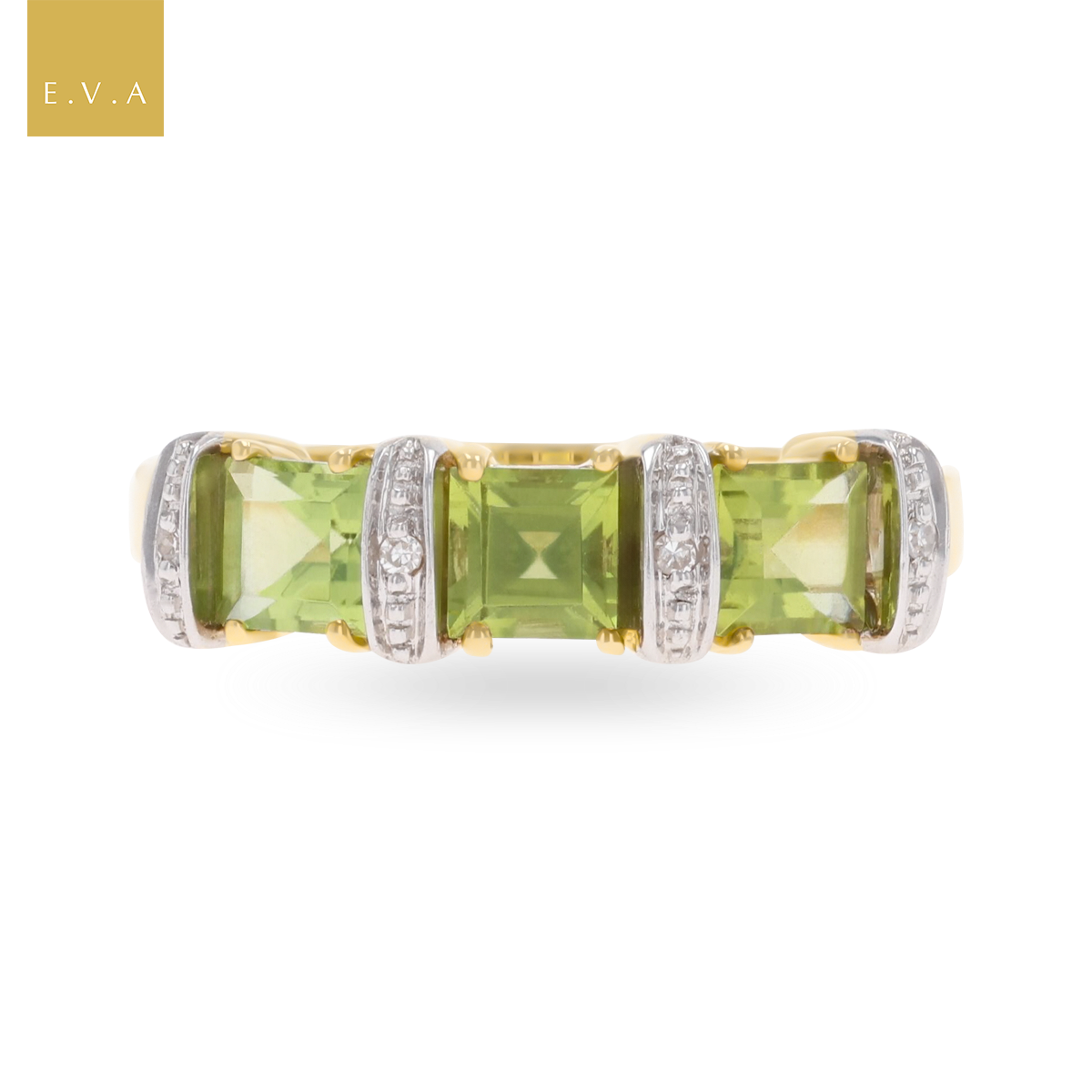 9ct Yellow Gold Carré Cut Peridot & Diamond Dress Ring