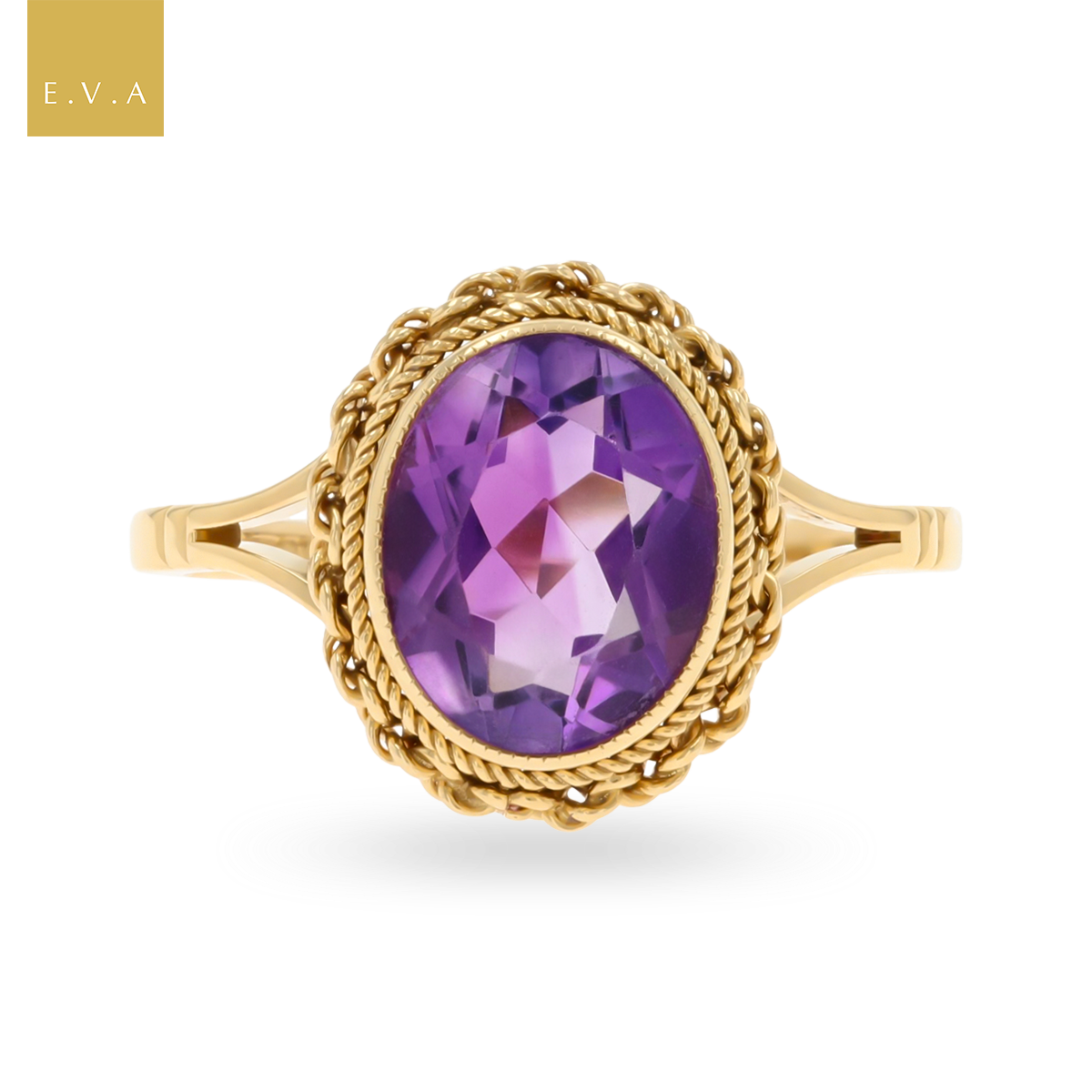 9ct Yellow Gold Oval Shaped Amethyst Chain Link Dress Ring