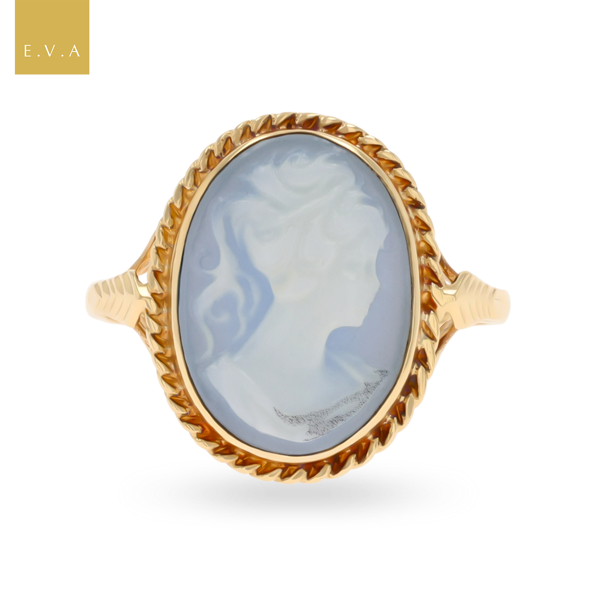 9ct Yellow Gold Oval Shaped Blue Cameo Rope Edge Dress Ring