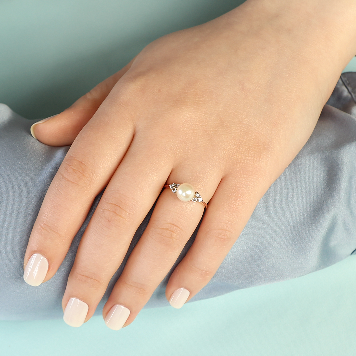 Model wears 9ct Yellow Gold Cultured Pearl & Diamond Trefoil Ring