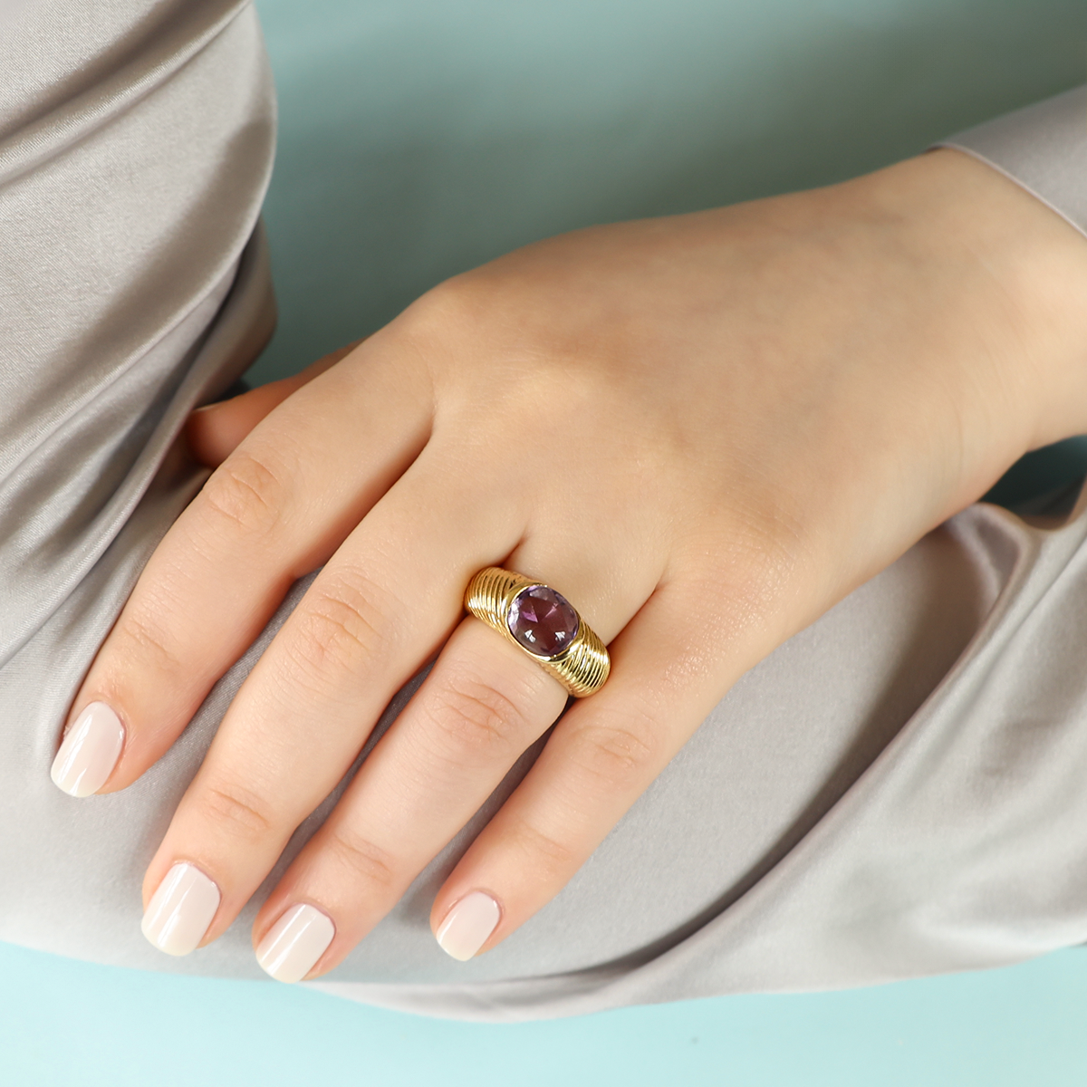 Model wears 18ct Yellow Gold Amethyst Bombé Ring