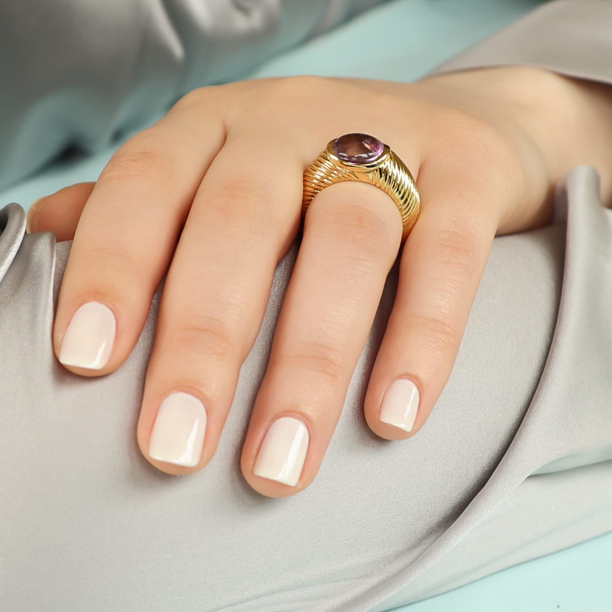 Model wears 18ct Yellow Gold Amethyst Bombé Ring