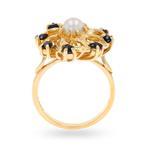 9ct Yellow Gold Pearl & Sapphire Windmill Cluster Ring