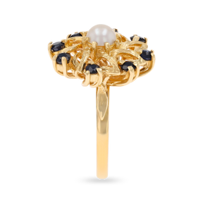 9ct Yellow Gold Pearl & Sapphire Windmill Cluster Ring
