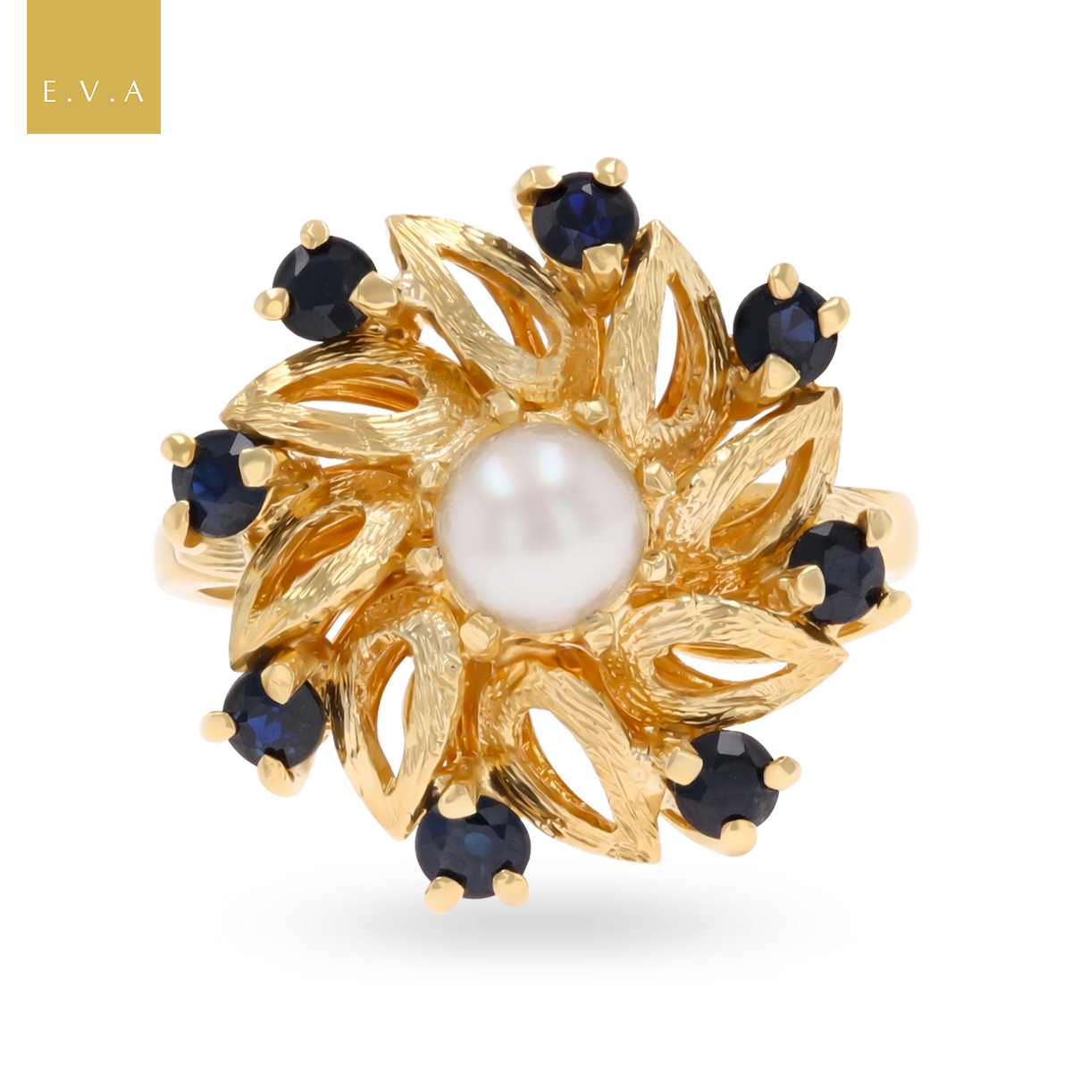 9ct Yellow Gold Pearl & Sapphire Windmill Cluster Ring