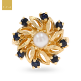 9ct Yellow Gold Pearl & Sapphire Windmill Cluster Ring
