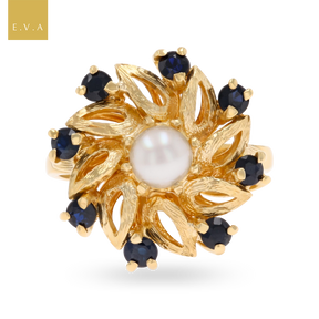 9ct Yellow Gold Pearl & Sapphire Windmill Cluster Ring