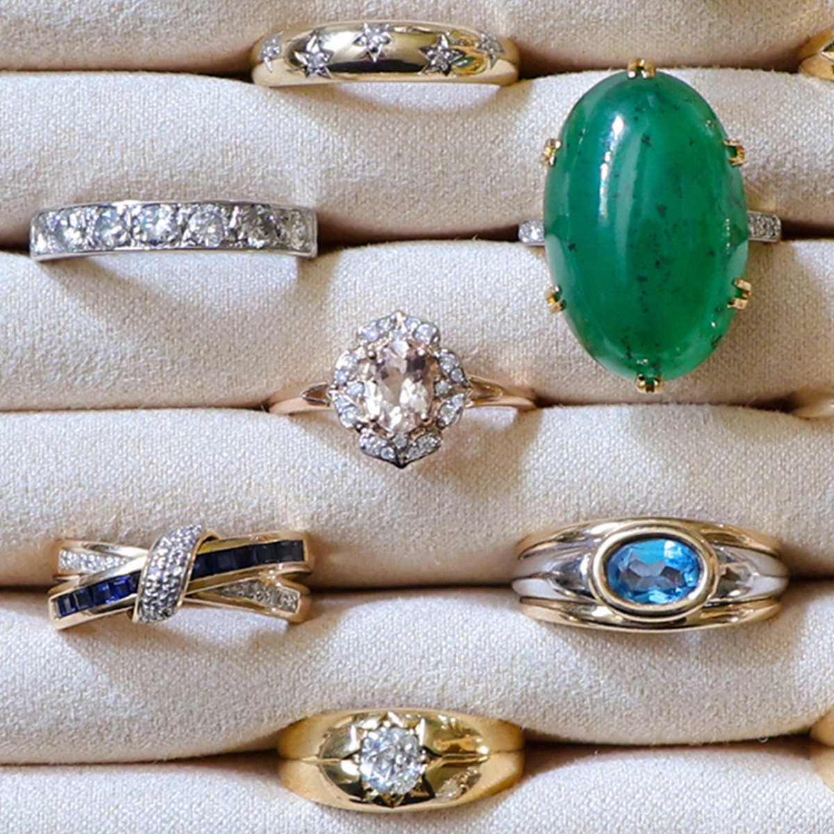 A selection of gemstone rings.