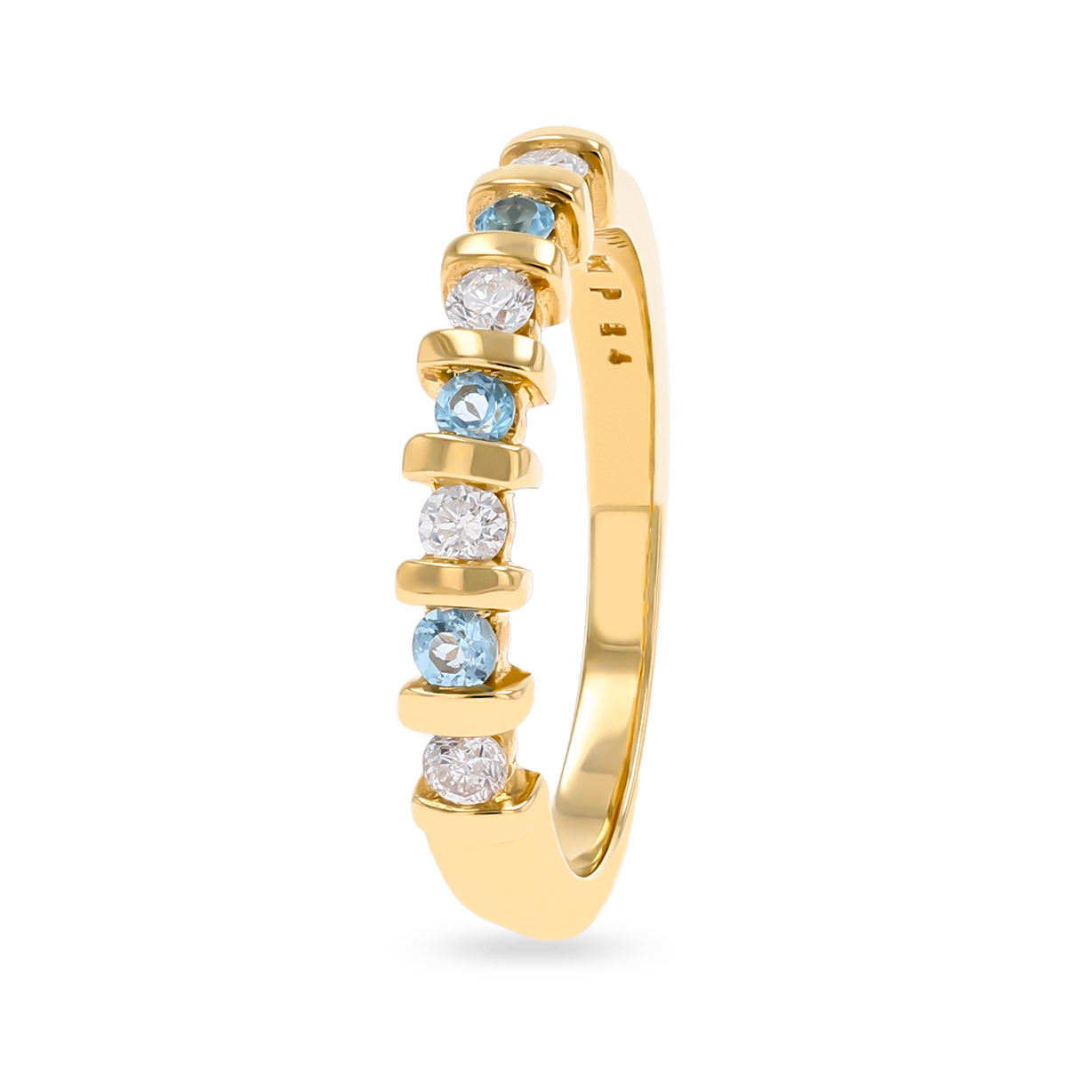 9ct Yellow Gold Blue Topaz & 0.23cts Diamond Bar Set Eternity Ring