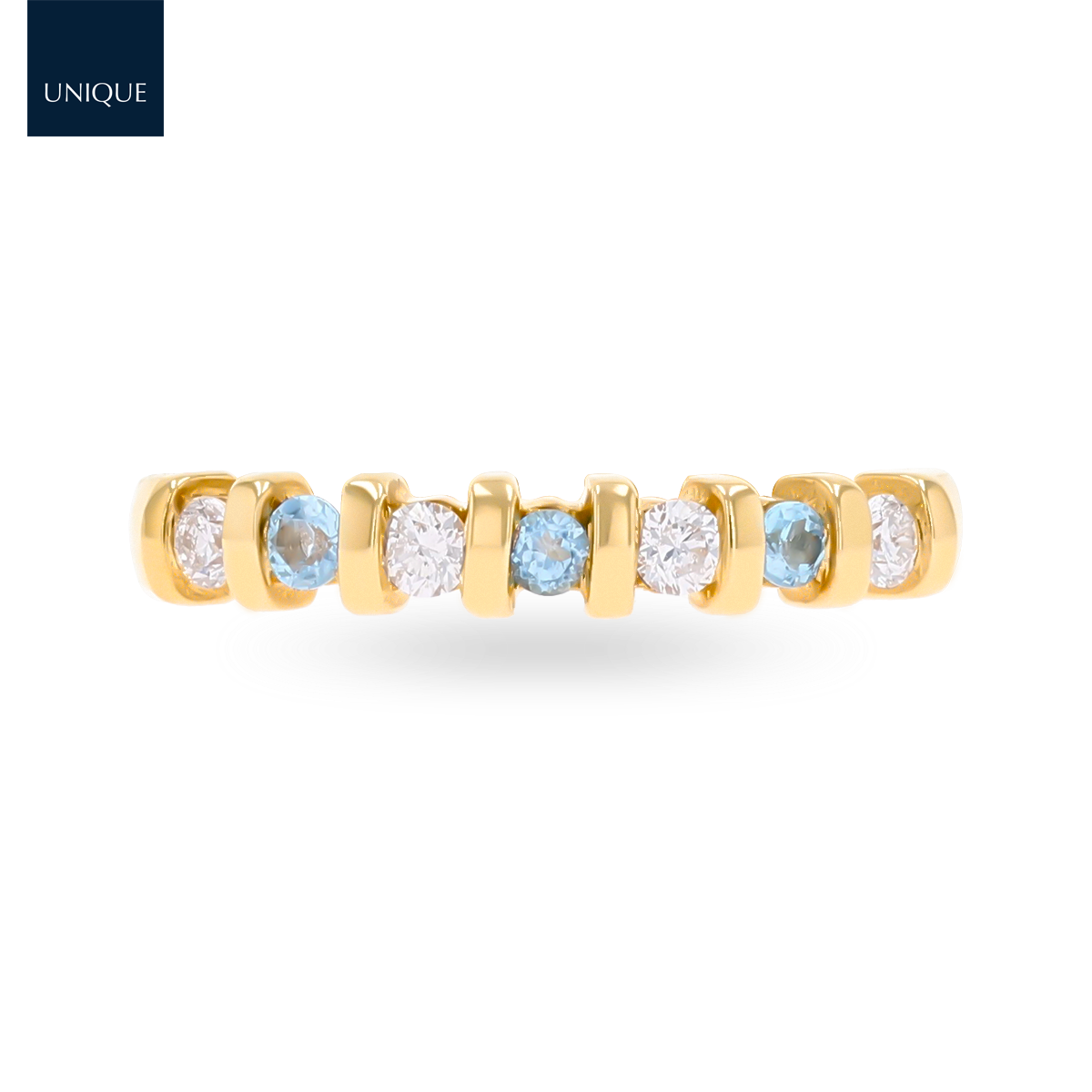 9ct Yellow Gold Blue Topaz & 0.23cts Diamond Bar Set Eternity Ring