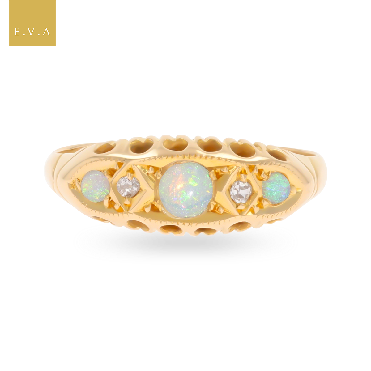 18ct Yellow Gold Opal & Diamond Five Stone Ring