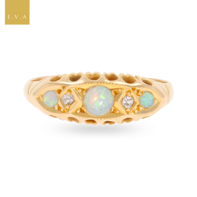 18ct Yellow Gold Opal & Diamond Five Stone Ring