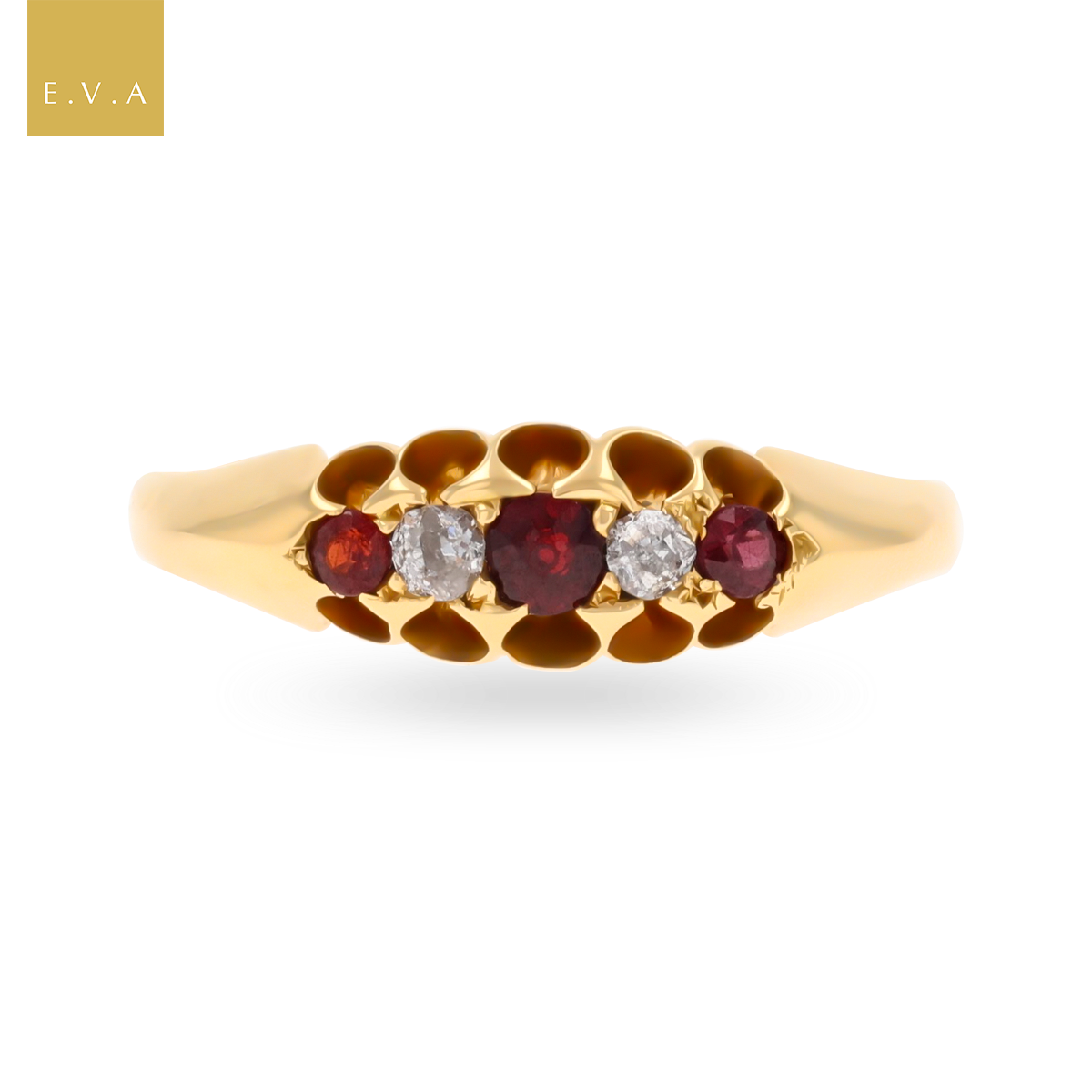 18ct Yellow Gold Garnet & Diamond Five Stone Victorian Ring