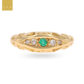 18ct Yellow Gold Emerald & Diamond Five Stone Edwardian Ring