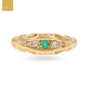 18ct Yellow Gold Emerald & Diamond Five Stone Edwardian Ring