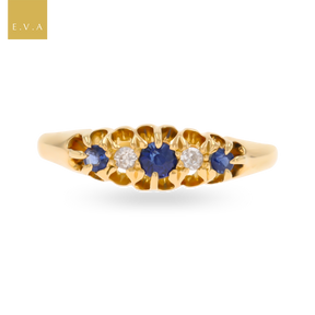 18ct Yellow Gold Sapphire & Diamond Five Stone Antique Ring