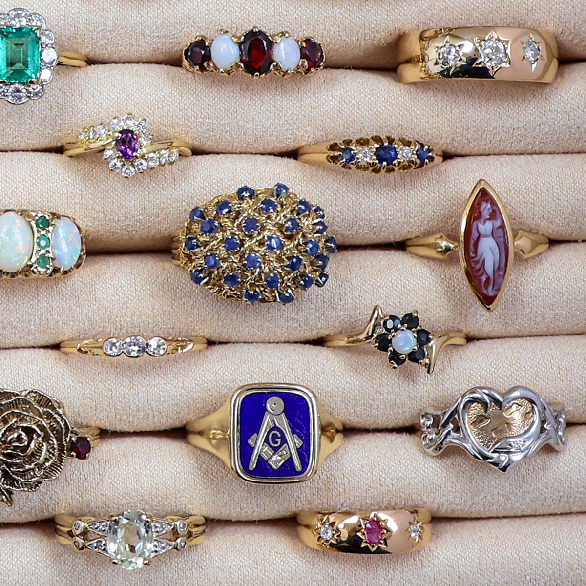 A selection of Estate, Vintage or Antique gold rings set with precious gemstones. 