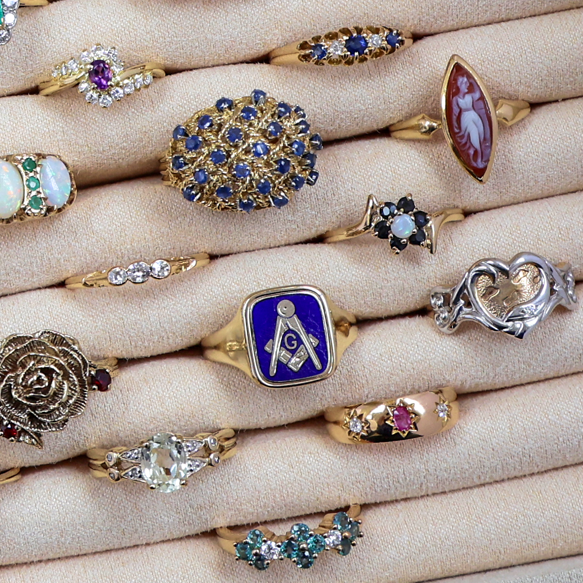 A selection of Estate, Vintage or Antique gold rings set with precious gemstones. 