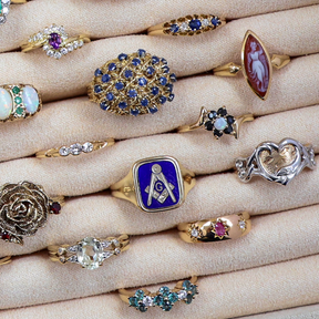 A selection of Estate, Vintage or Antique gold rings set with precious gemstones. 