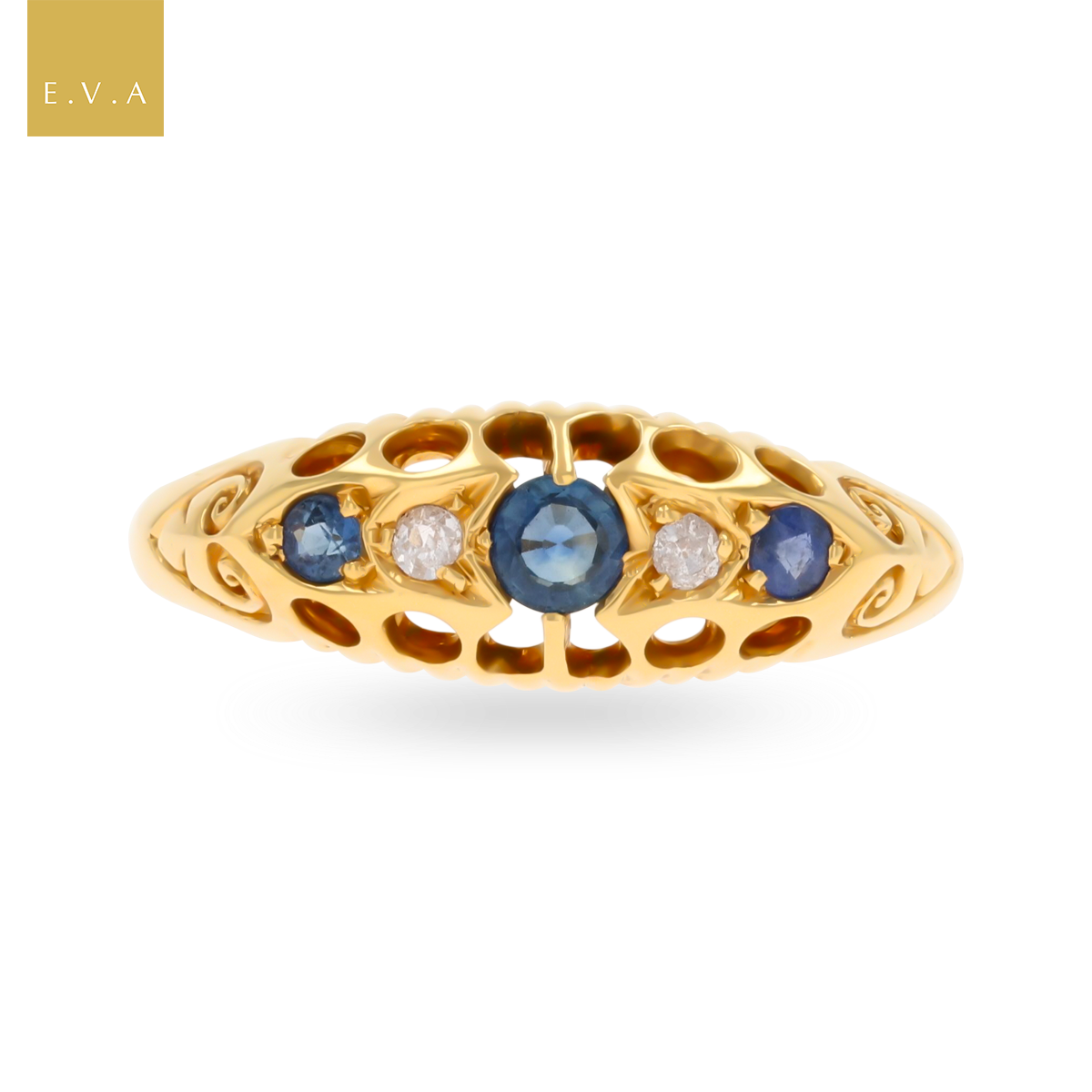 18ct Yellow Gold Sapphire & Diamond Five Stone Edwardian Ring