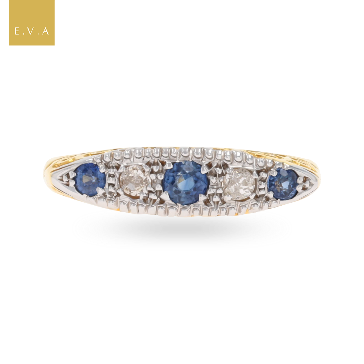 18ct Yellow Gold & Platinum Sapphire & Diamond Five Stone Edwardian Ring