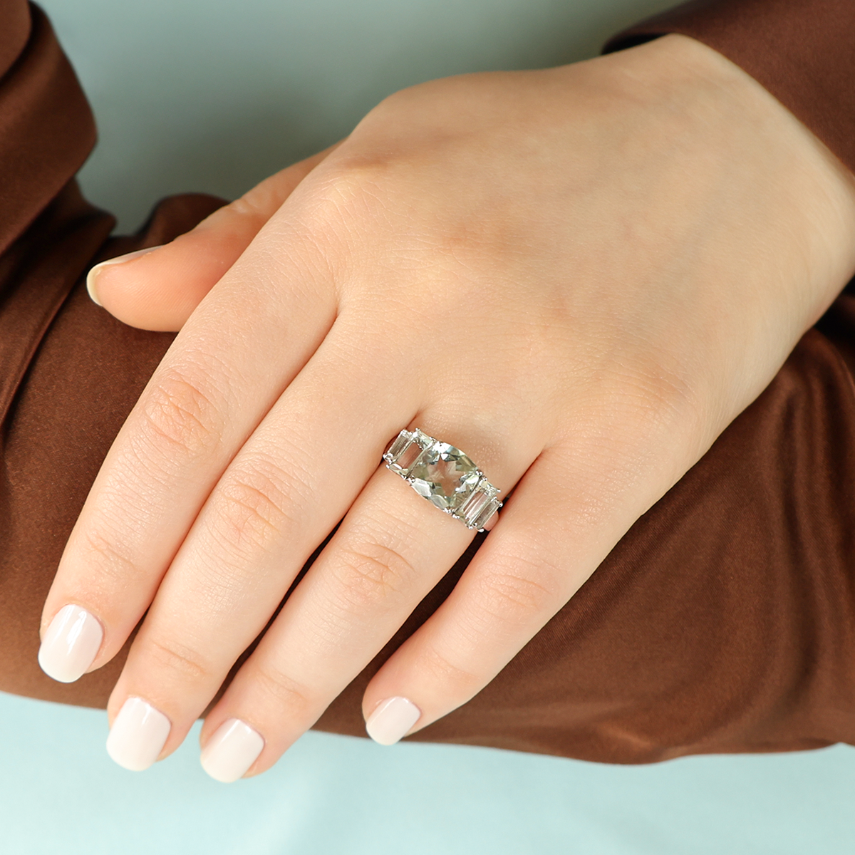 Model wears 9ct White Gold Prasiolite Five Stone Ring