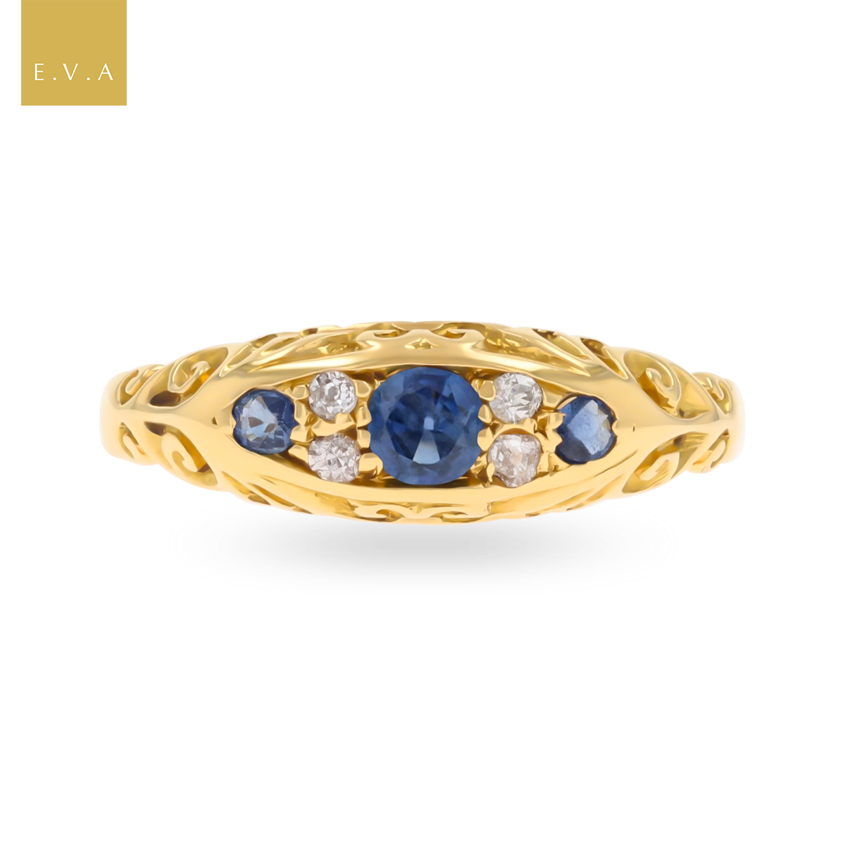 14ct Yellow Gold Sapphire & Old Mine Cut Diamond Seven Stone Ring